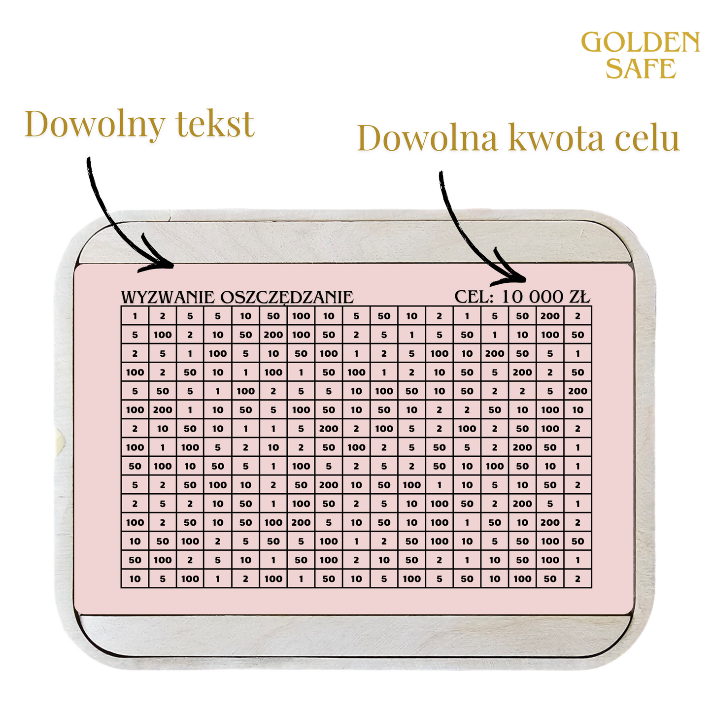 Drewniana skarbonka wykreślana z możliwością wpisania dowolnego tekstu i celu oszczędzania, idealna jako prezent motywacyjny.