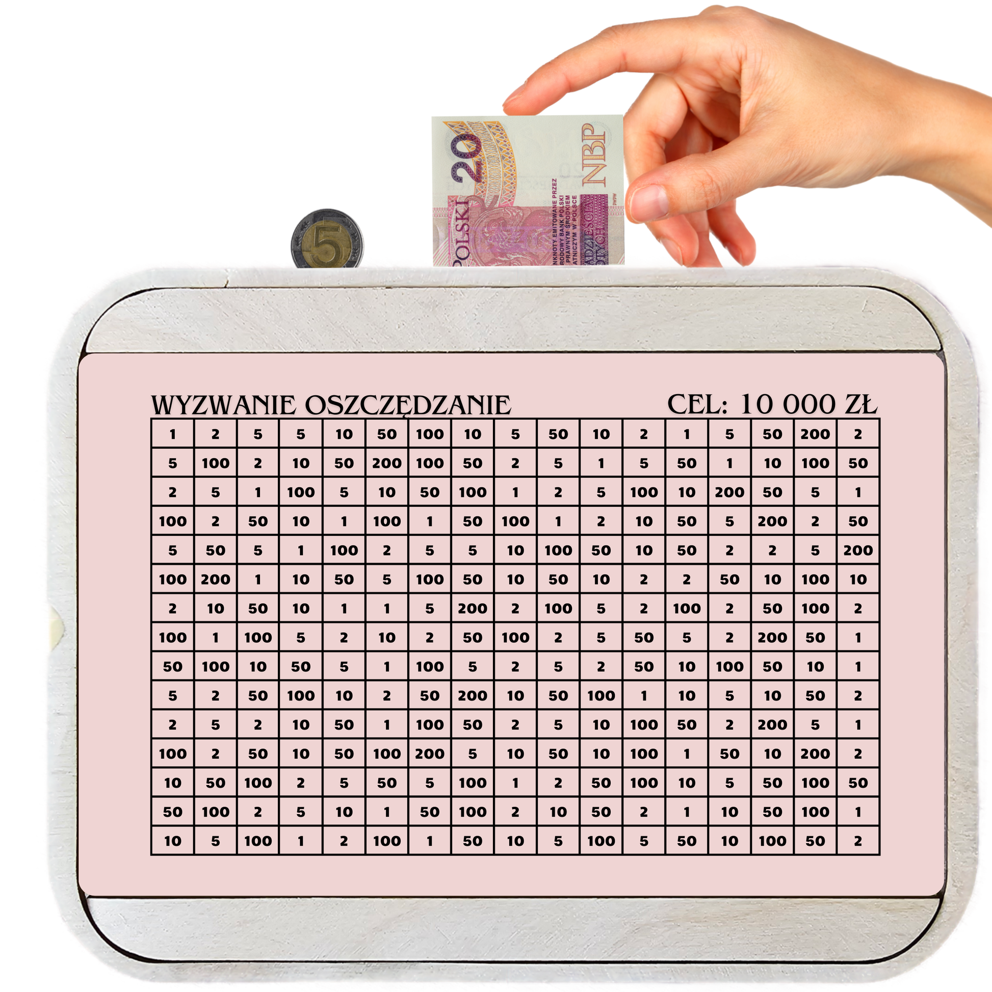 Skarbonka wykreślana - personalizowana Pudrowy Róż z celem oszczędzania 10 000 zł i tabelą kwot do wykreślania, idealna do motywacji finansowej.