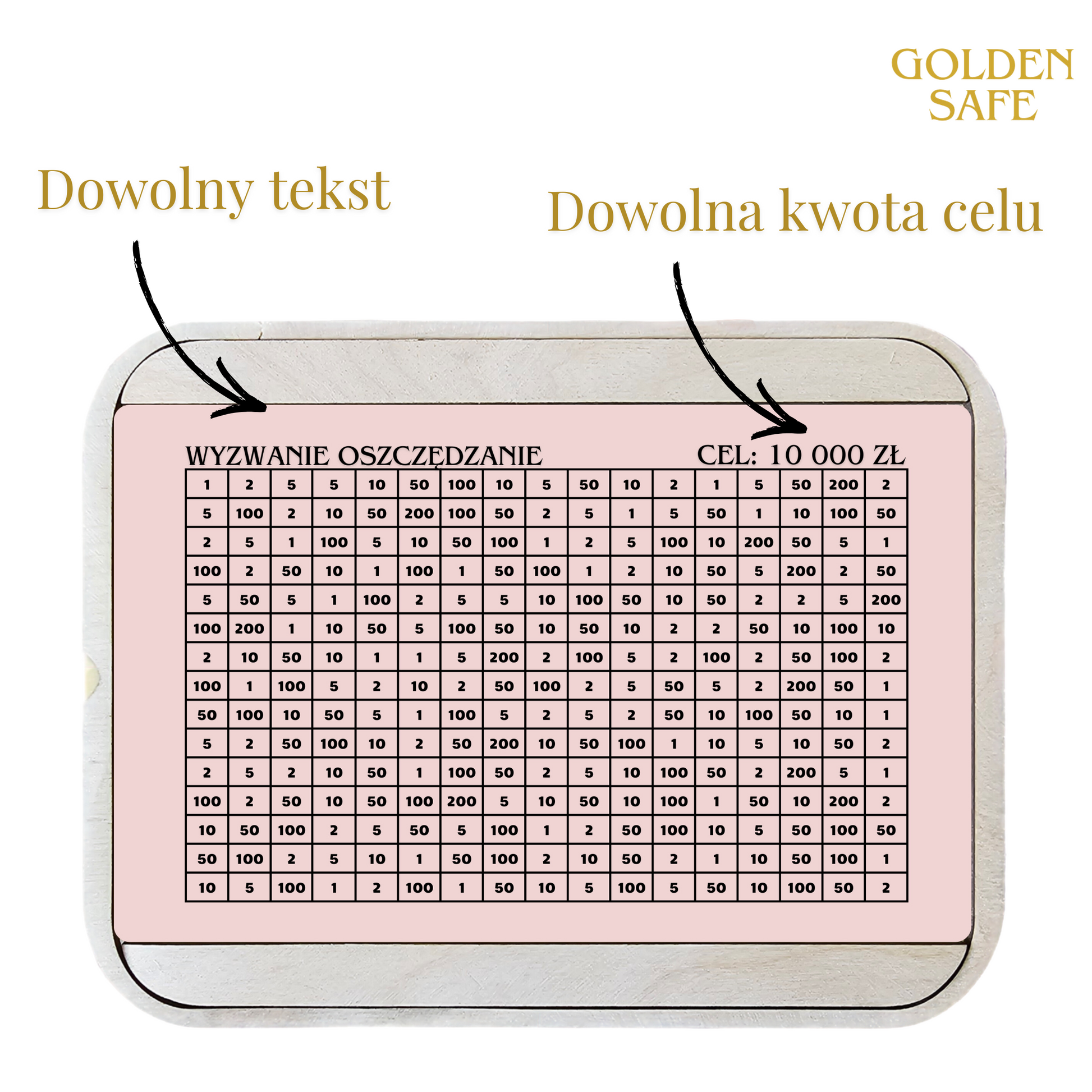 Drewniana skarbonka wykreślana z możliwością wpisania dowolnego tekstu i celu oszczędzania, idealna jako prezent motywacyjny.